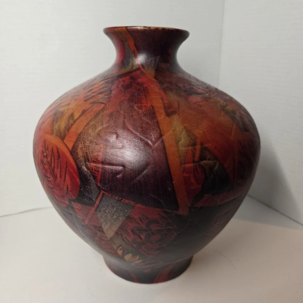 Vtg MCM Unique Art Deco Ceramic Large Balloon Vase‎ Red Brown Floral Pattern